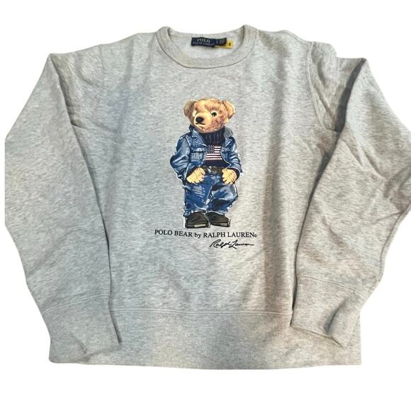 Polo Ralph Lauren Vintage Gray Polo Teddy Bear Flag Crew Neck Sweatshirt SM - Picture 1 of 8